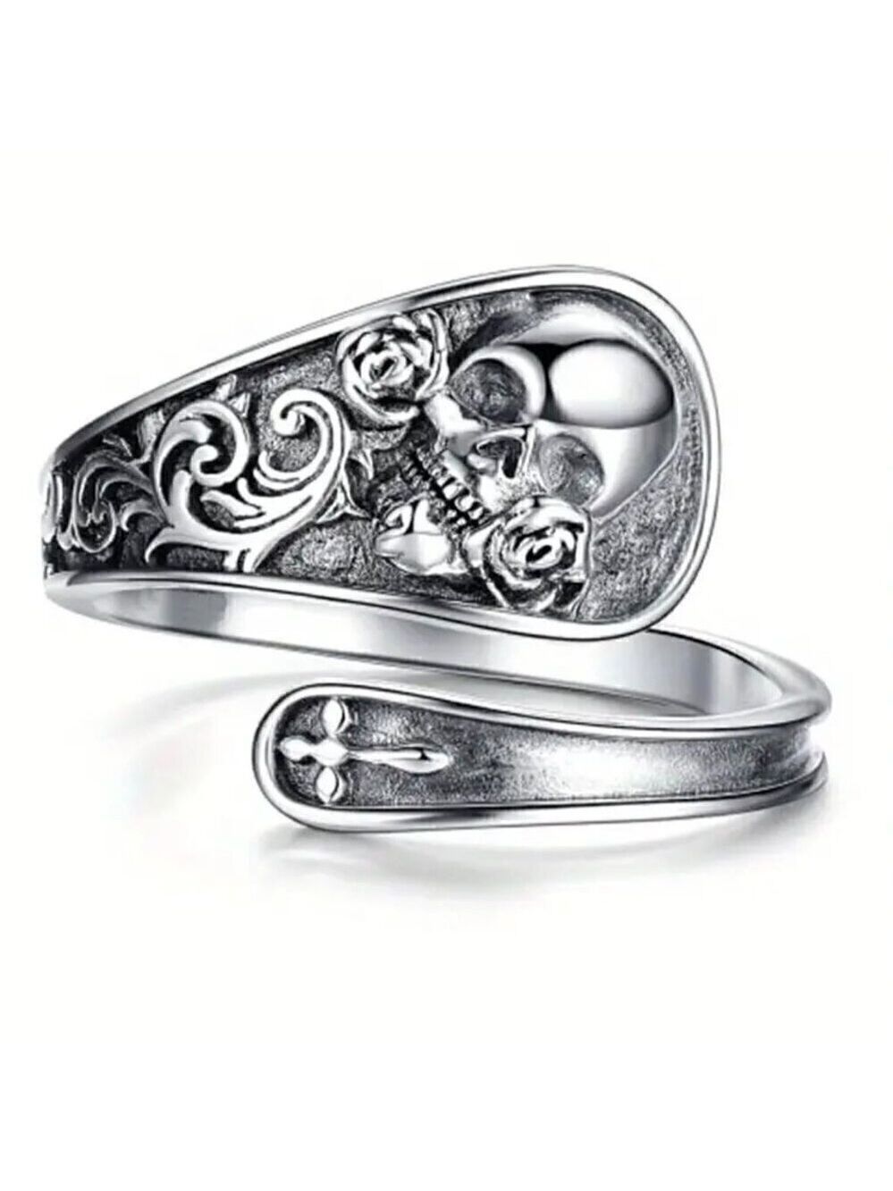 Boho Rocker Skull and Rose Adjustable Spoon Ring #1350